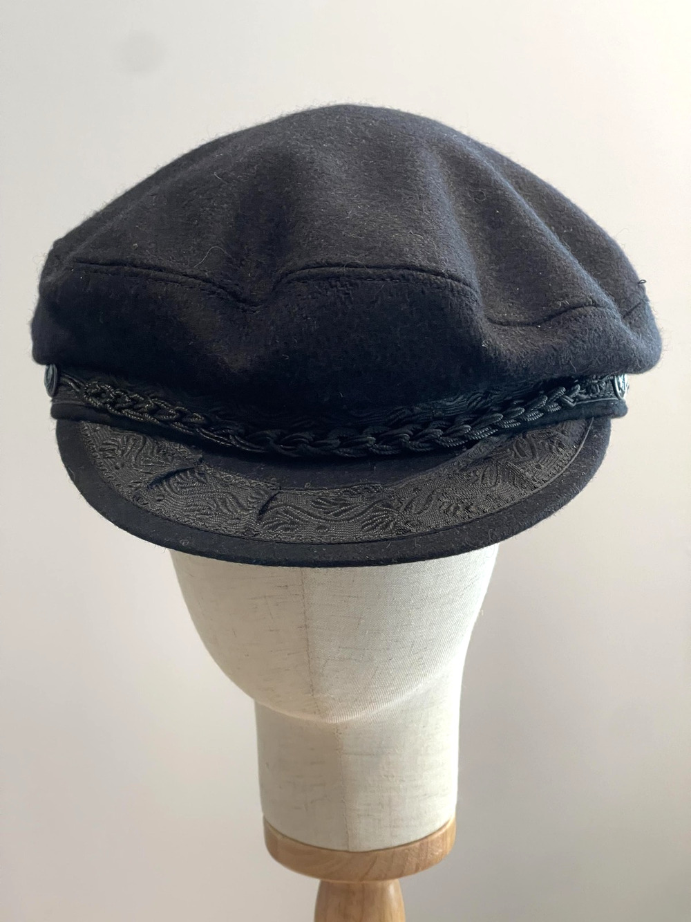 Vintage Greek Fisherman's Cap Hat Cap Mariner's Mens 7 1/2 Black Lined Wool Felt